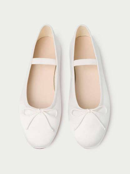 White Satin Round-Toe Mary Jane Front Bow Ballet Flats