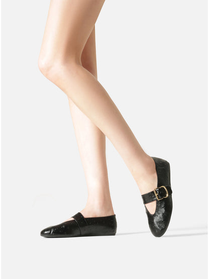 Black Ostrich Pattern Vegan Leather Round-Toe Mary Jane Chic Ballet Flats