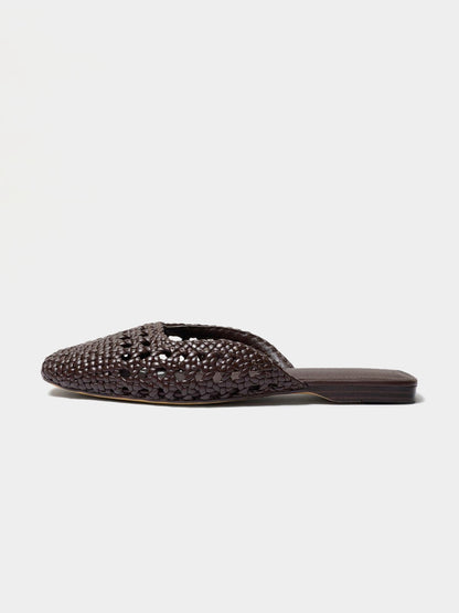 Woven Vegan Leather Square-Toe Cutout Backless Flats - Chocolate