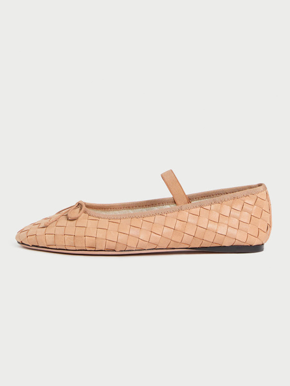 Beige Woven Vegan Leather Round-Toe Front Bow And Middle Strap Ballet Flats