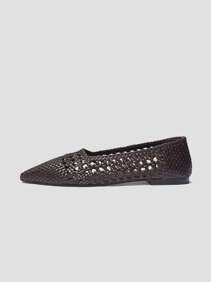 Chocolate Woven Vegan Leather Pointed-Toe Cutout Slip-On Flats