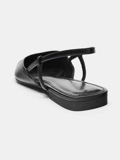 Black Vegan Leather And Faux Suede Pointed-Toe Back Strap Chic Flats