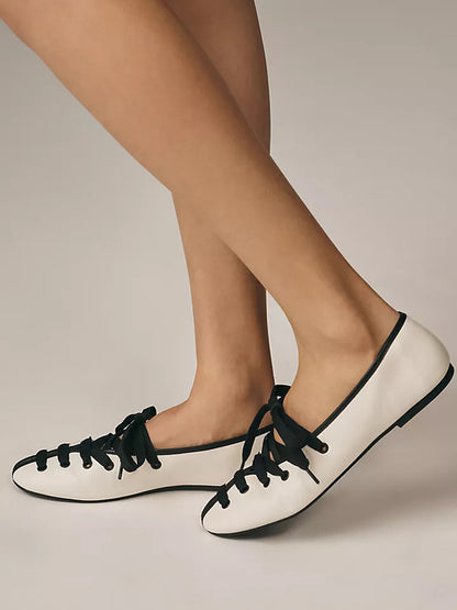 White Round-Toe Simple Lace-Up Slip-On Ballet Flats