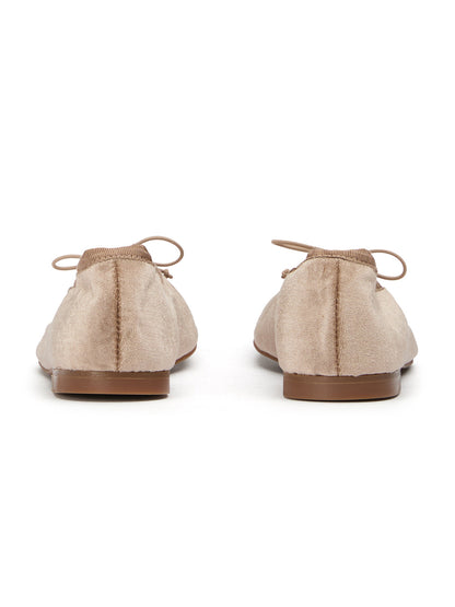 Sand Velvet Round-Toe Chic Front Bow Slip-On Ballet Simple Flats