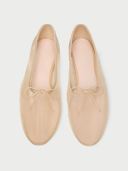 Tan Mesh Round-Toe Chic Front Bow Slip-On Ballet Flats