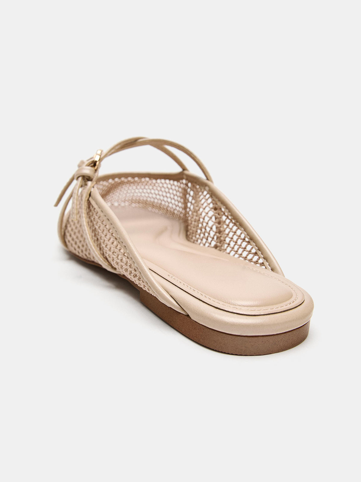 Bone Mesh Round-Toe Buckle Crossed Straps Backless Flats