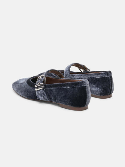 Navy Pleuche Square-Toe Buckle Mary Jane Ballet Flats