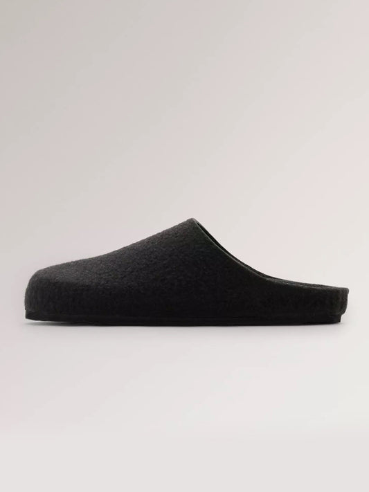 Black Plush Square-Toe Backless Simple Flats Slippers