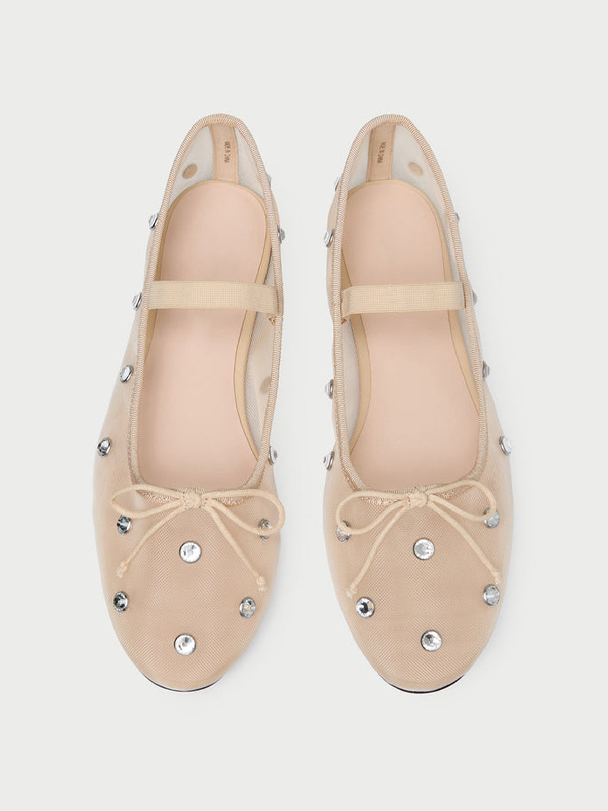 Caramel Crystals Mesh Round-Toe Front Bow And Middle Strap Ballet Flats