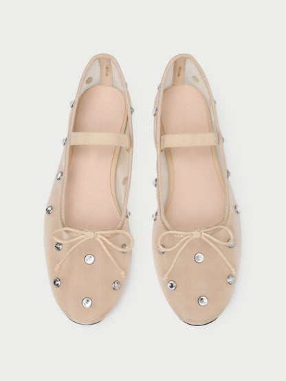 Caramel Crystals Mesh Round-Toe Front Bow And Middle Strap Ballet Flats