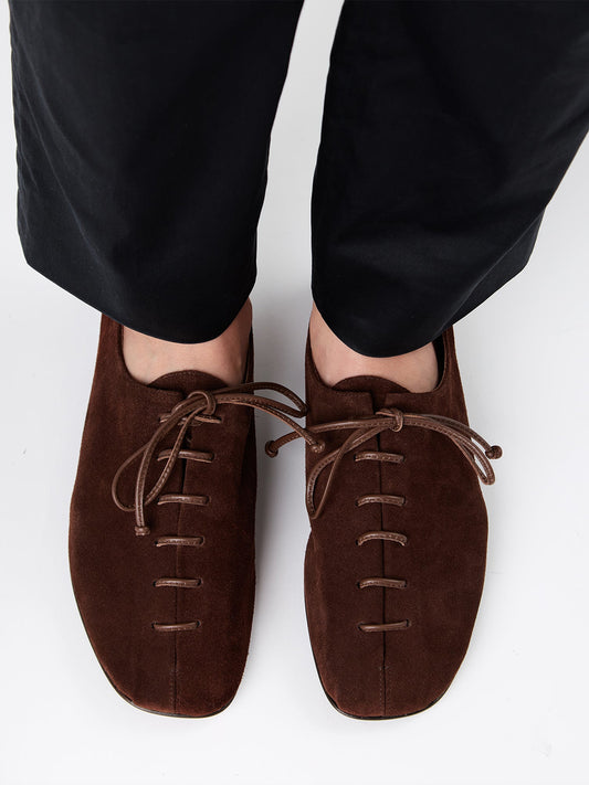 Coffee Faux Suede Square-Toe Chic Slip-On Flats With Lace-Up