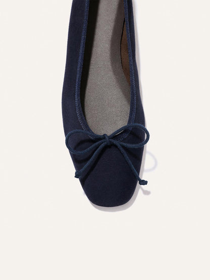 Front Bow Square-Toe Slip-On Chic Ballet Flats - Indigo Faux Suede