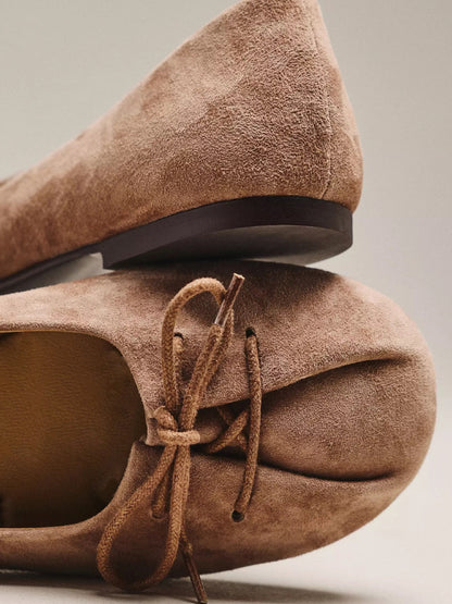 Taupe Faux Suede Round-Toe Front Bow Ballet Slip-On Flats