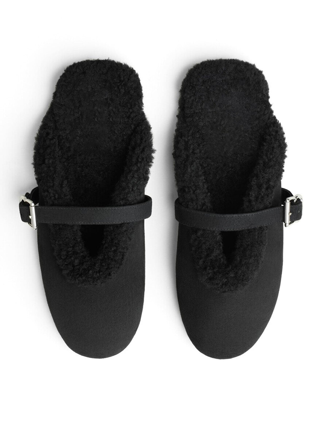 Black Faux Suede And Plush Square-Toe Mary Jane Slip-On Backless Flats