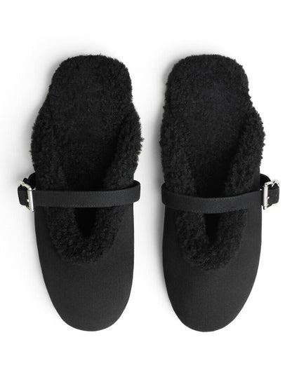 Black Faux Suede And Plush Square-Toe Mary Jane Slip-On Backless Flats