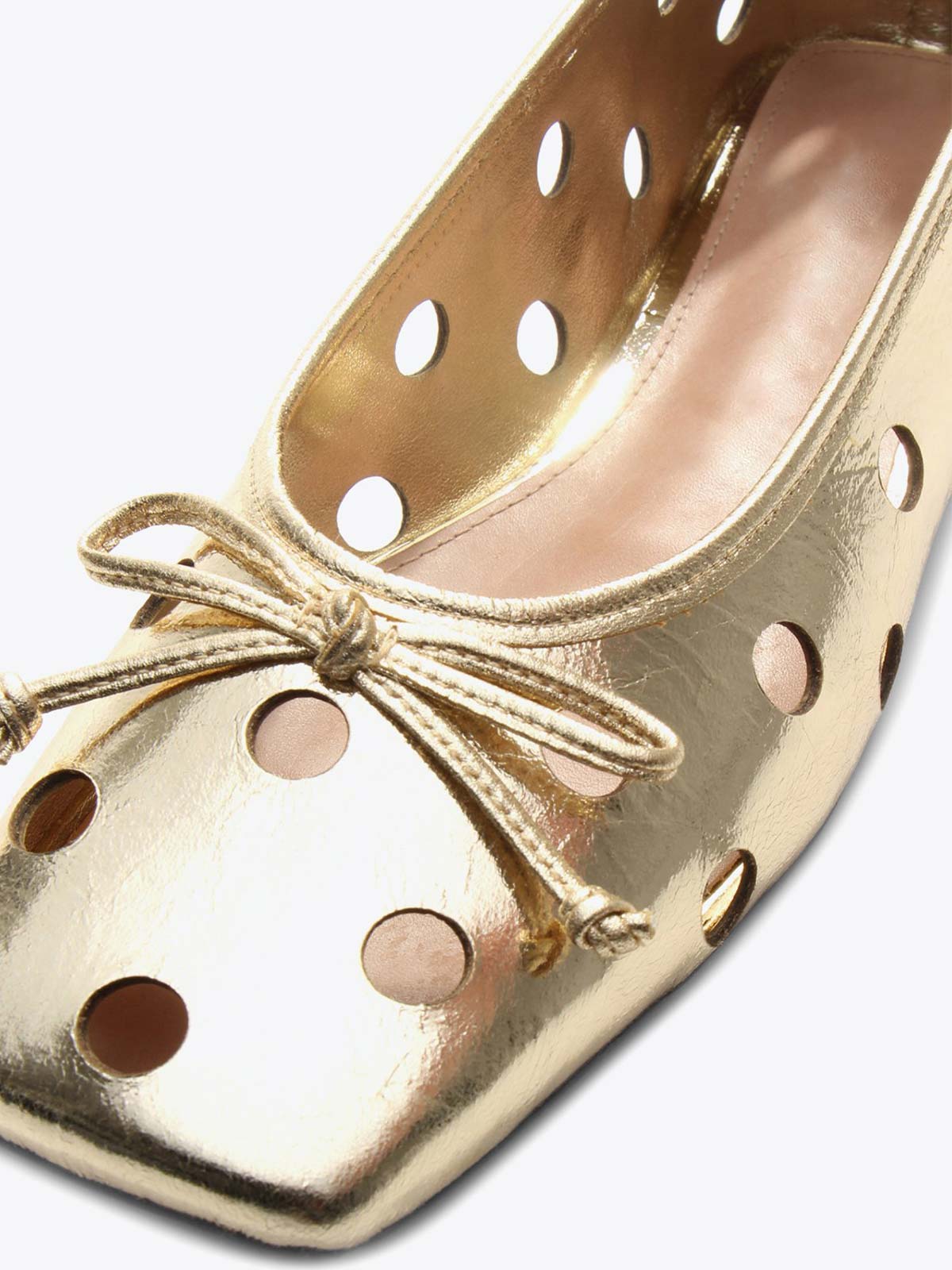 Metallic Gold Square-Toe Front Bow Cutout Slip-On Ballet Flats