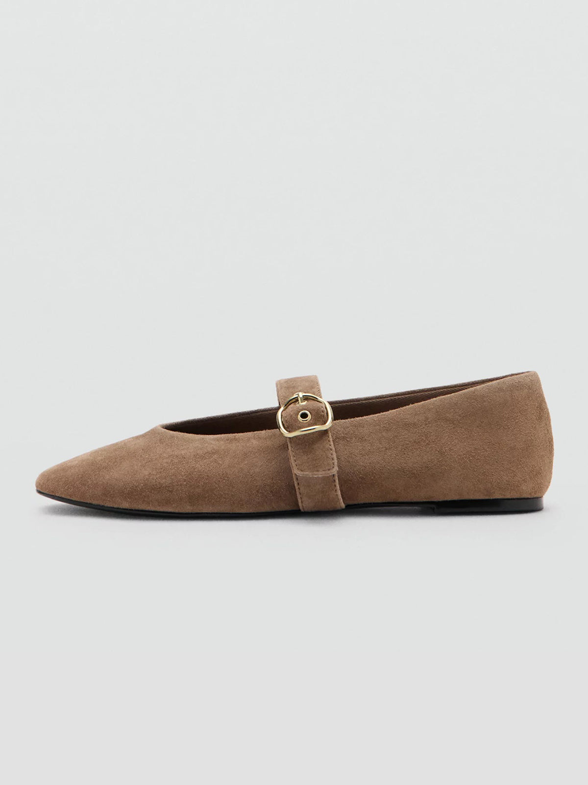 Sand Faux Suede Round-Toe Buckle Mary Jane Ballet Flats