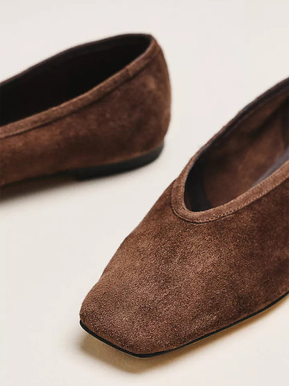 Coffee Faux Suede Square-Toe Simple Slip-On Ballet Flats