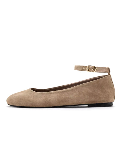 Sand Faux Suede Round-Toe Chic Ankle Strap Ballet Flats
