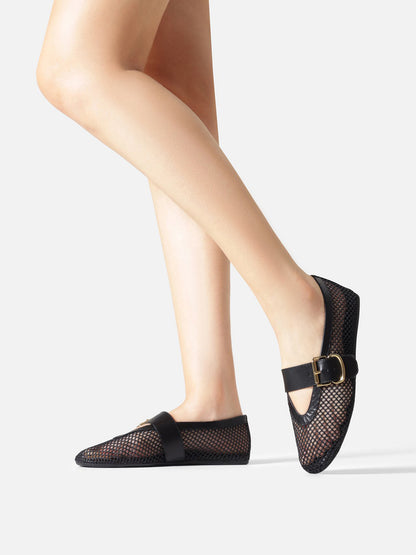 Black Mesh Round-Toe Buckle Wide Strap Slip-On Ballet Flats