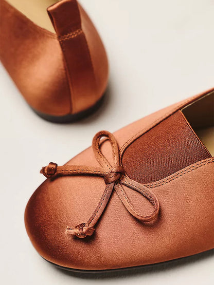 Caramel Square-Toe Front Bow Elastic Ballet Flats