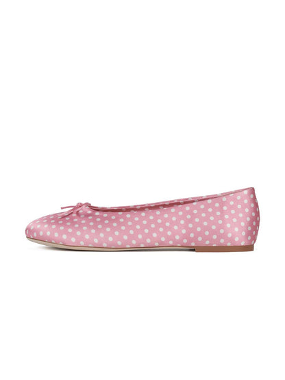 Pink Satin With White Spot Round-Toe Front Bow Slip-On Ballet Flats
