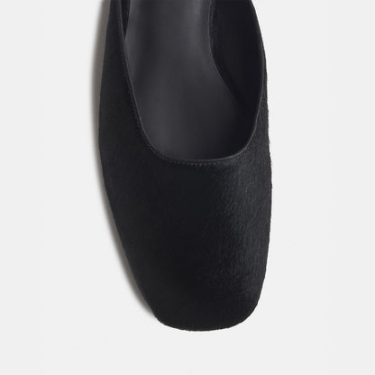 Slip-On Square-Toe Backless Mules Flats - Black Pony Hair Vegan Leather