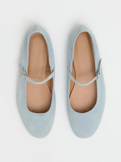 Blue Faux Suede Round-Toe Mary Jane With Buckle Chic Ballet Flats