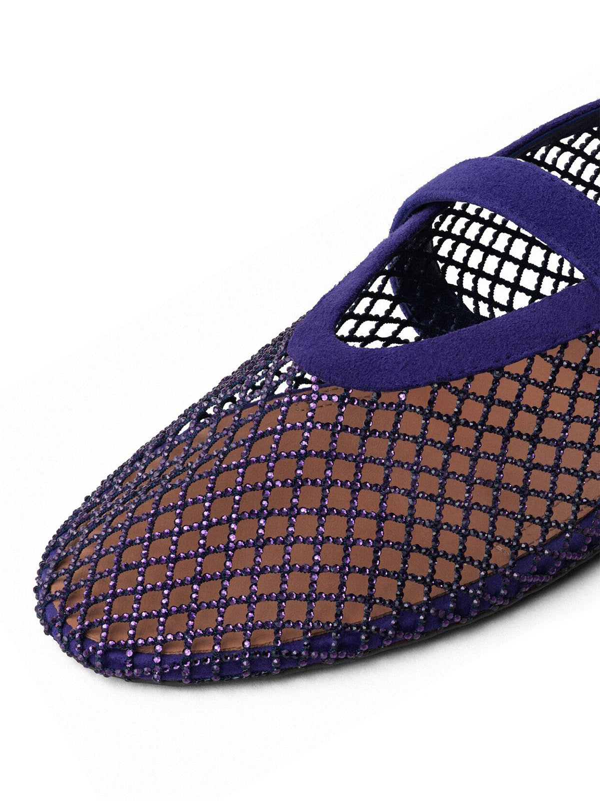 Dark Blue Mesh And Faux Suede Round-Toe Buckle Mary Jane Ballet Flats