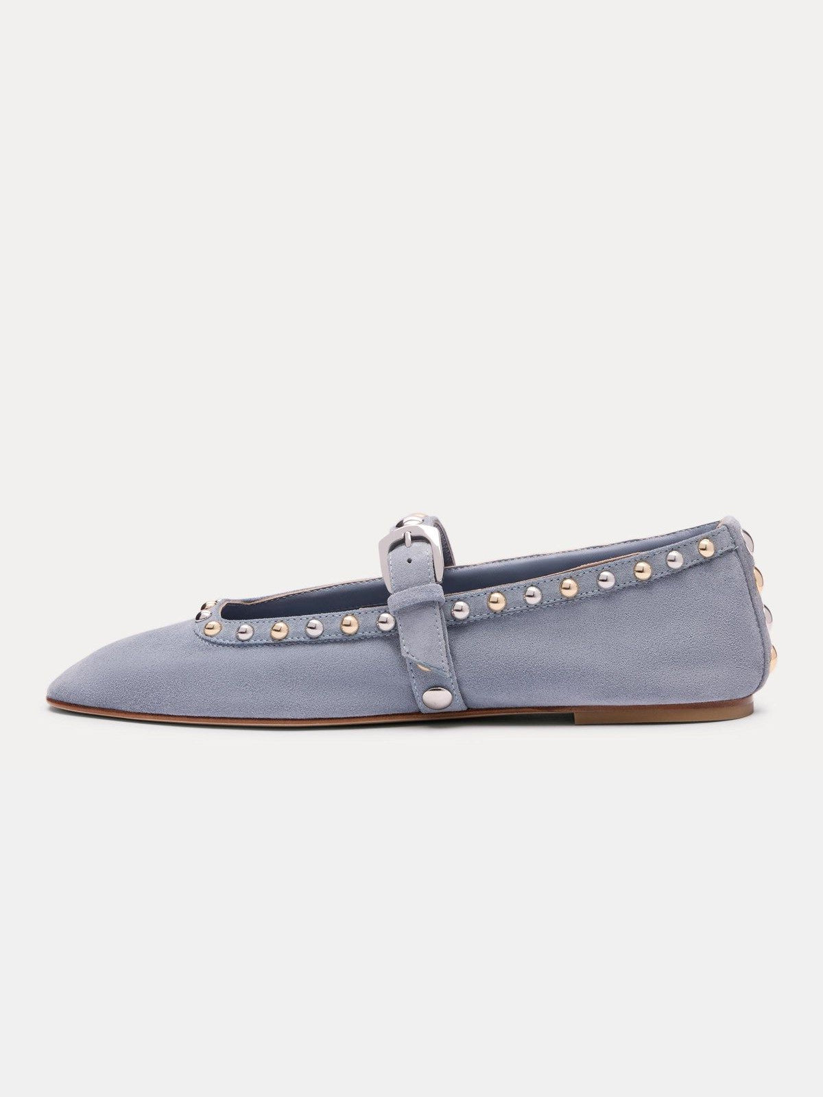 Blue Faux Suede Square-Toe Buckle Middle Strap And Studs Flats