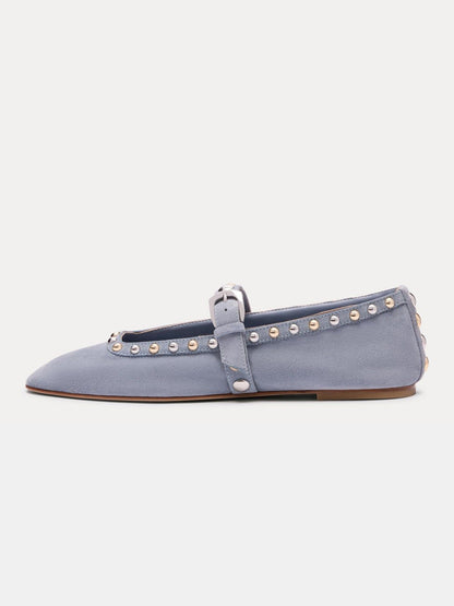Blue Faux Suede Square-Toe Buckle Middle Strap And Studs Flats