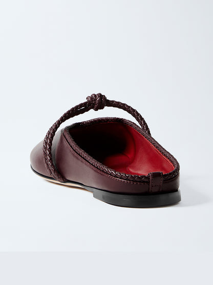 Burgundy Round-Toe Middle Strap Backless Slip-On Flats