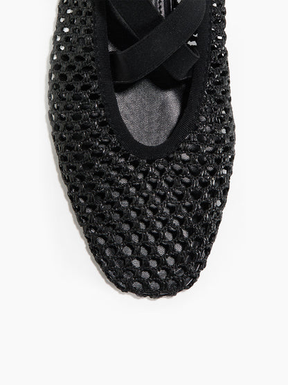 Black Grass Woven Square-Toe Middle Crossed Straps Ballet Flats
