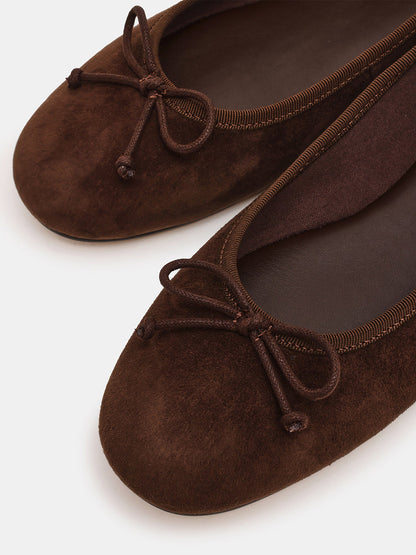 Brown Faux Suede Round-Toe Simple Slip-On Ballet Flats With Front Bow