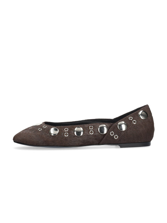 Maroon Square-Toe Eyelets And Studs Slip-On Ballet Flats