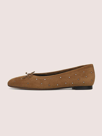 Brown Faux Suede Square-Toe Front Bow Studded Chic Ballet Flats
