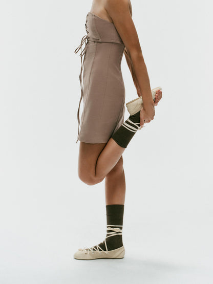 Beige  Round-Toe Front Bow And Lace-Up Sporty Ballet Flats