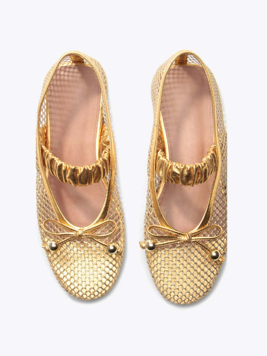 Metallic Gold Mesh Round-Toe Front Bow And Elastic Mary Jane Ballet Flats