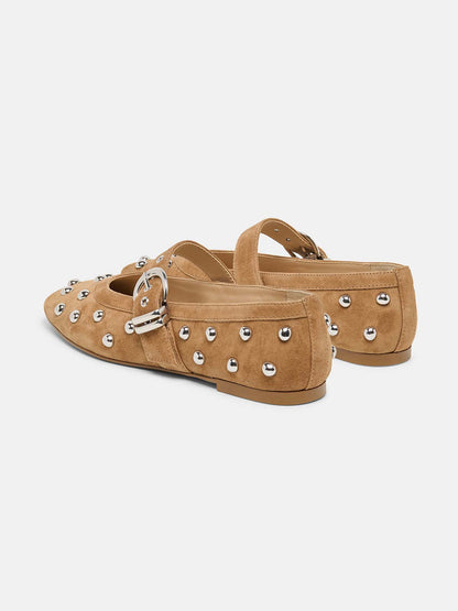 Brown Faux Suede Square-Toe Buckle Mary Jane Strap And Full Studs Ballet Flats
