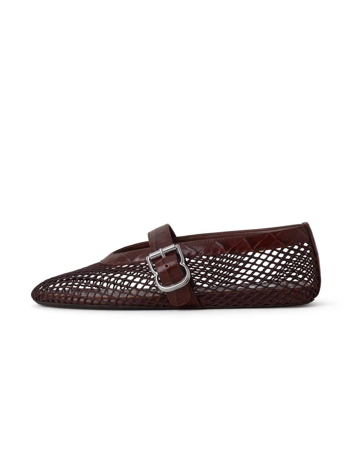Dark Brown Mesh And Crocodile Pattern Vegan Leather Round-Toe Mary Jane Ballet Flats