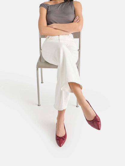 Burgundy Pointed-Toe Front Bow Slip-On Chic Flats