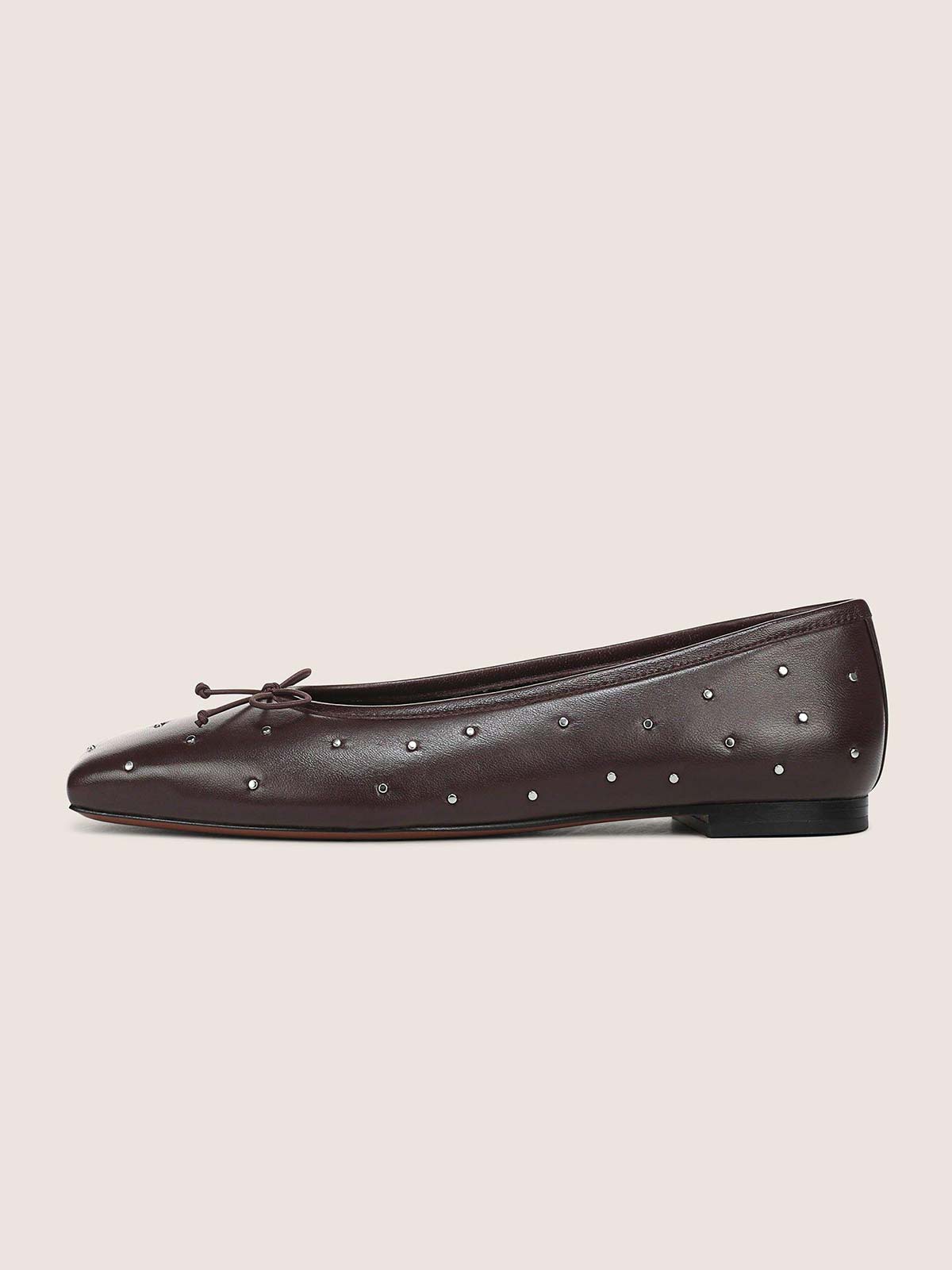Dark Coffee Square-Toe Front Bow Studded Chic Ballet Flats