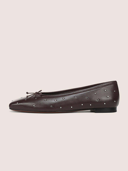 Dark Coffee Square-Toe Front Bow Studded Chic Ballet Flats