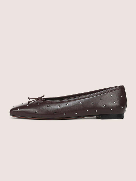Dark Coffee Square-Toe Front Bow Studded Chic Ballet Flats