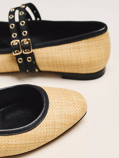 Natural Grass Woven Square-Toe Double Mary Jane With Eyelets Ballet Flats