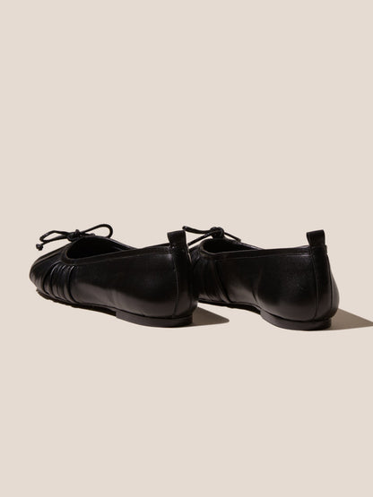 Black Round-Toe Front Bow Slip-On Pleated Flats