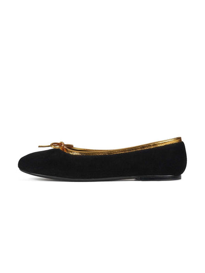 Chic Round-Toe Front Bow Slip-On Ballet Flats - Black Faux Suede
