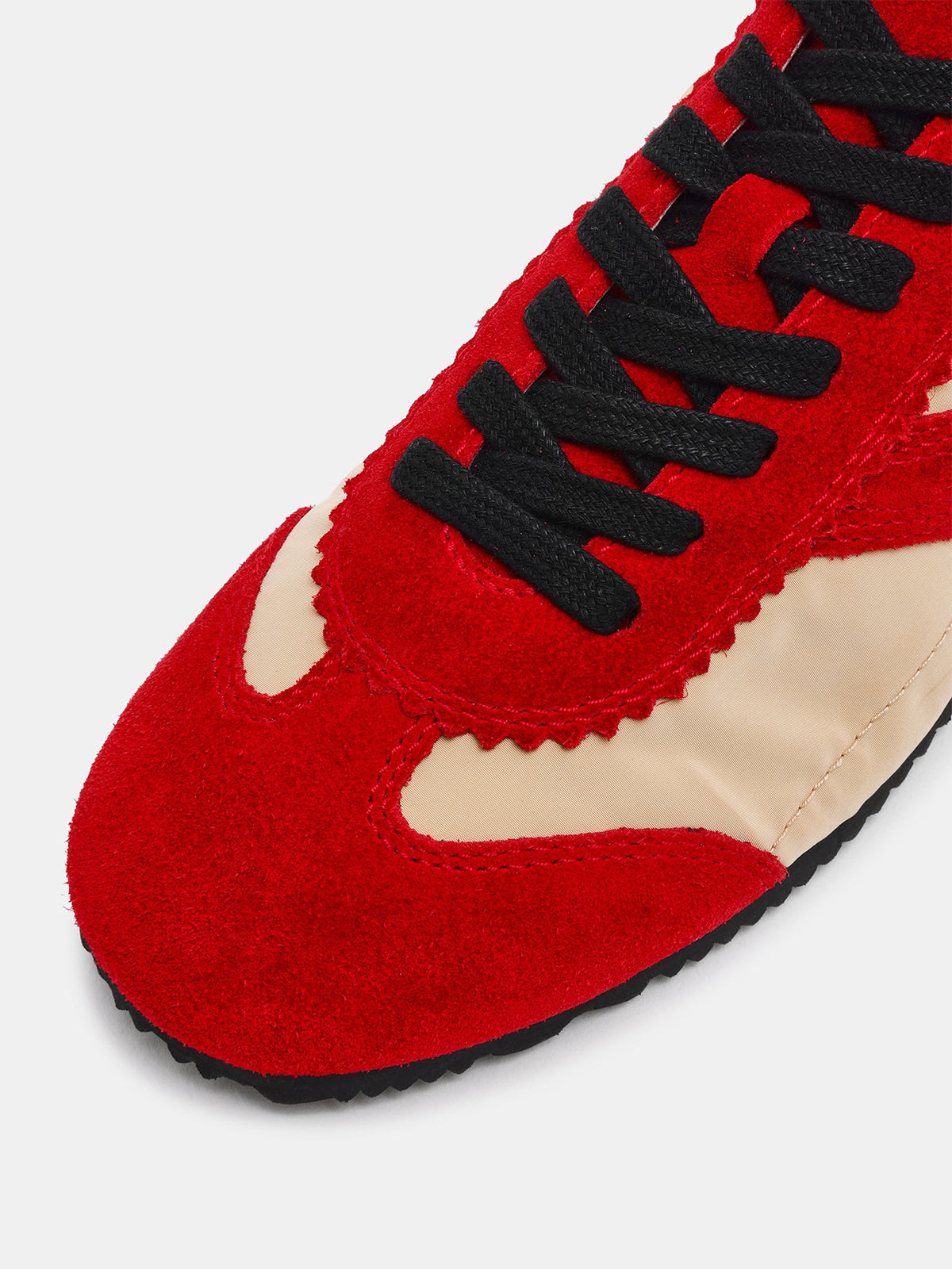 Red And Bone Cow Suede And Cloth Square-Toe Lace-Up Classic Flats Sneakers