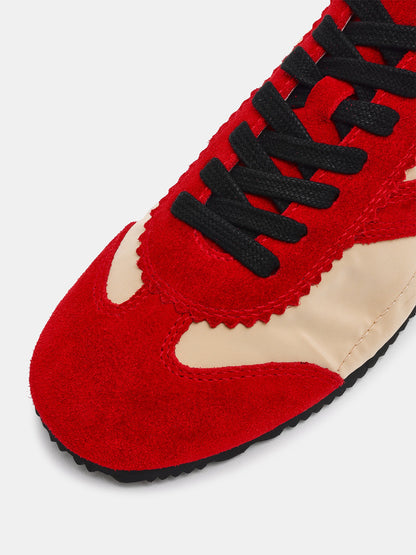 Red And Bone Cow Suede And Cloth Square-Toe Lace-Up Classic Flats Sneakers