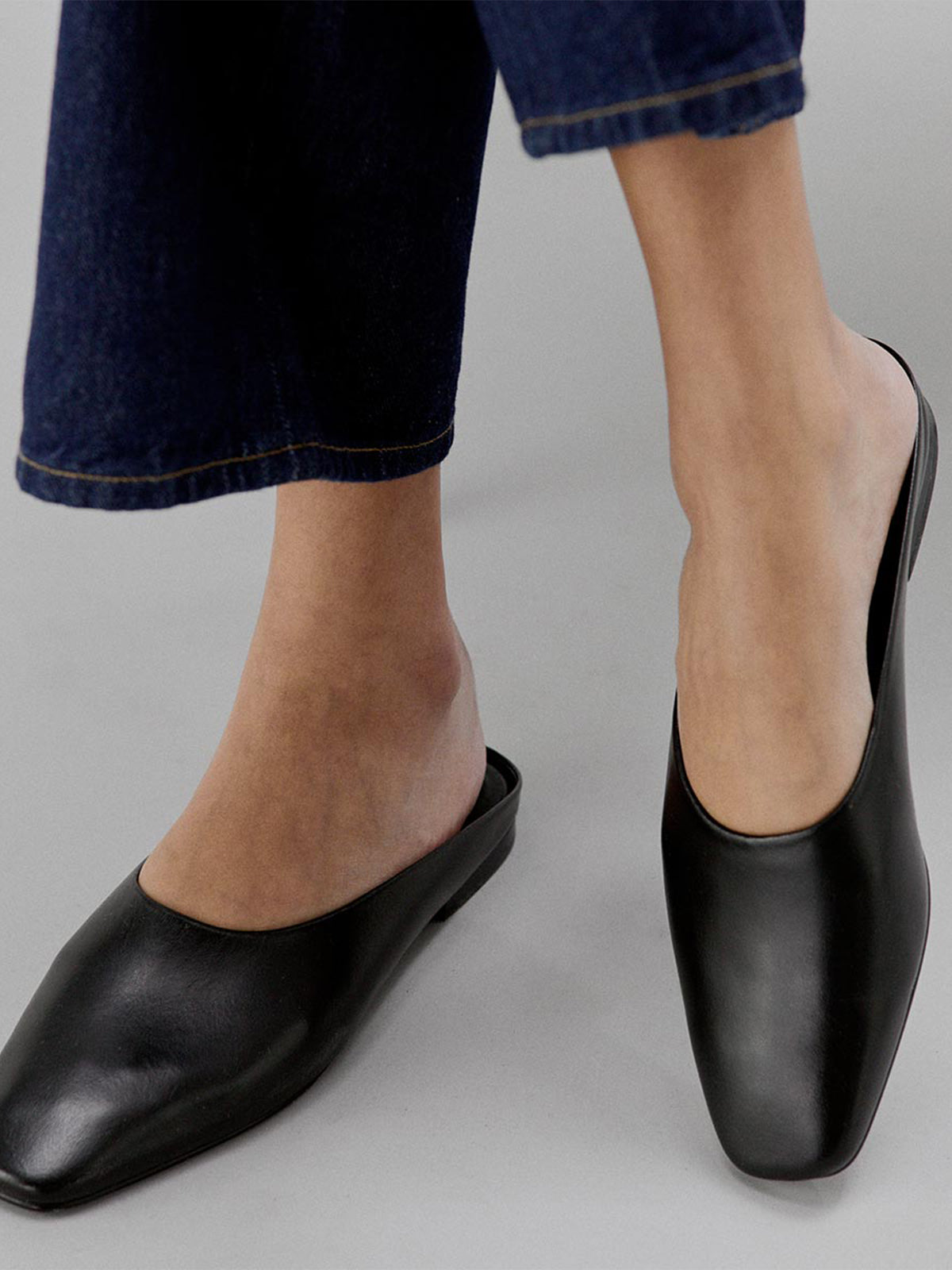 Backless Square-Toe Slip-On Chic Flats - Black